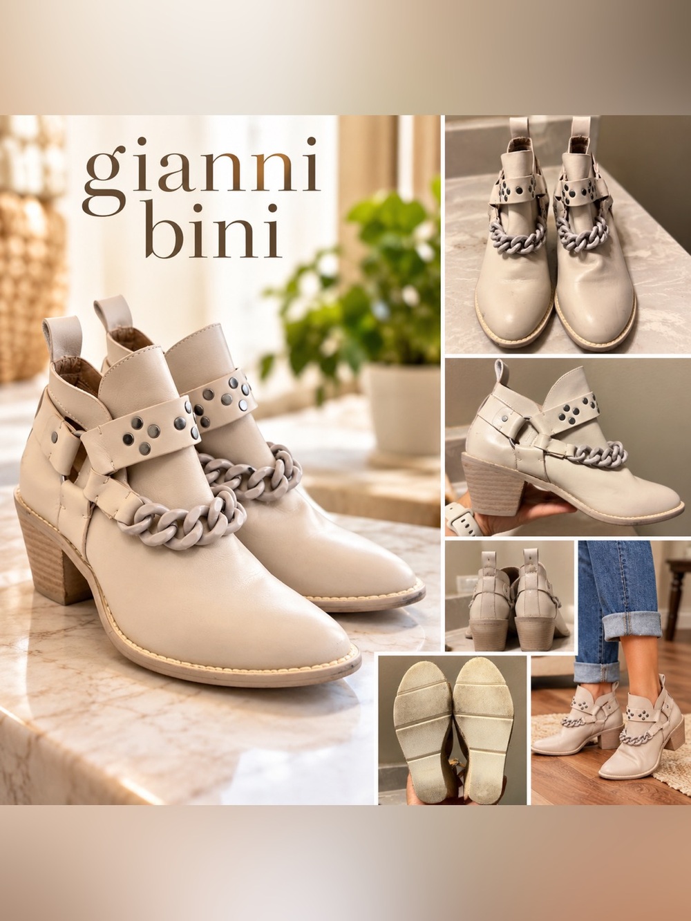 Gianni Bini Ivory Chain Stud Cutout Western Ankle Boots Booties Sz 6